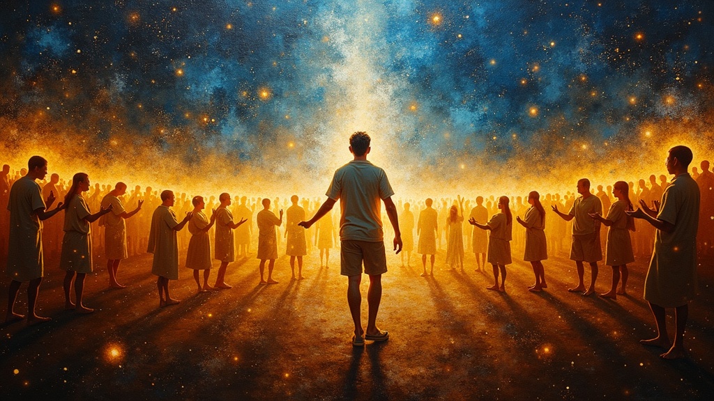 Thousands of luminous light beings surrounding a young man in dark space, singing in improvisational harmony, their music vibrating physically and spiritually while a spinning tablet displays the history of the world behind them.