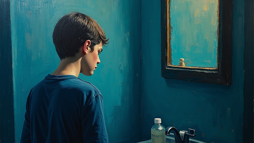 A 17-year-old boy in a 1970s apartment bathroom, searching for a razor blade, moments after losing consciousness from mixing medications and alcohol at a party.
