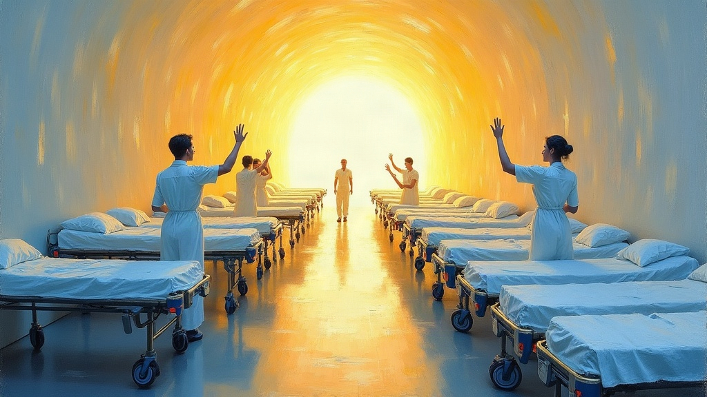 A luminous white tunnel with rows of stretchers along both sides, nurses in white attending to the newly deceased, one nurse turning and raising her hand in authorization, sparkling translucent light throughout