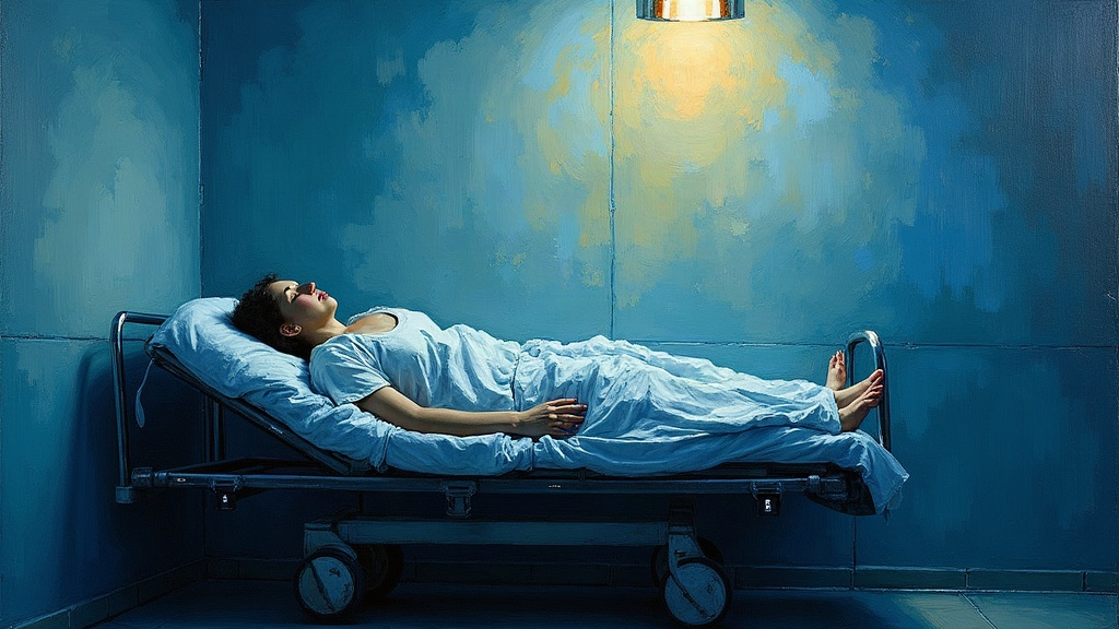 A woman lying unconscious on a hospital stretcher in an observation room, alone and forgotten, with no medical staff present, dim lighting, sterile white walls
