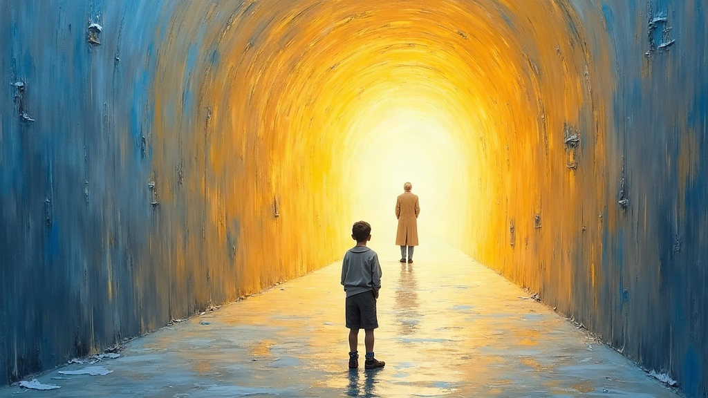 A teenage boy standing in a luminescent white-gold-silver tunnel that flows like liquid love, looking at a figure in a long coat standing 20 meters ahead, the grandfather's presence unmistakable though his face cannot be seen clearly.