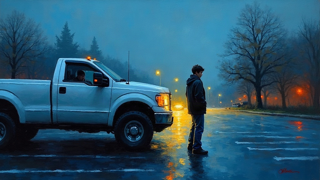 A 14-year-old boy bent over in the passenger seat of a truck in a parking lot, his vision narrowing to black dots, about to lose consciousness while his father stands 40 meters away talking to someone.