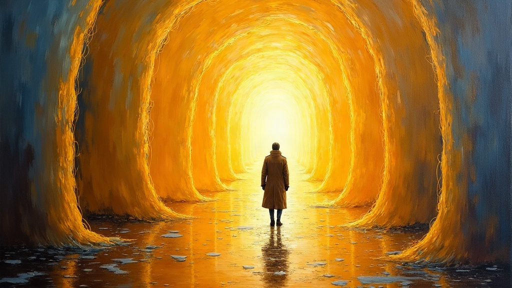 A luminescent golden-silvery tunnel with flowing, curtain-like walls, a shadow figure in a trench coat standing in the distance, the entire space glowing with liquid light that moves through and around everything.