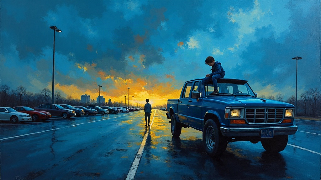 A 14-year-old boy sits on the lip of a pickup truck in a parking lot, his father and young brother 30 meters away, the boy's face pale and dizzy, about to collapse.